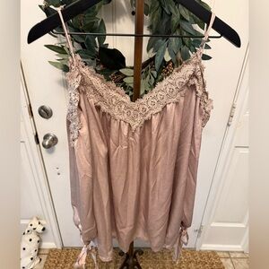 She + Sky Silky Lace Trim Double V Neck Top M Oversized